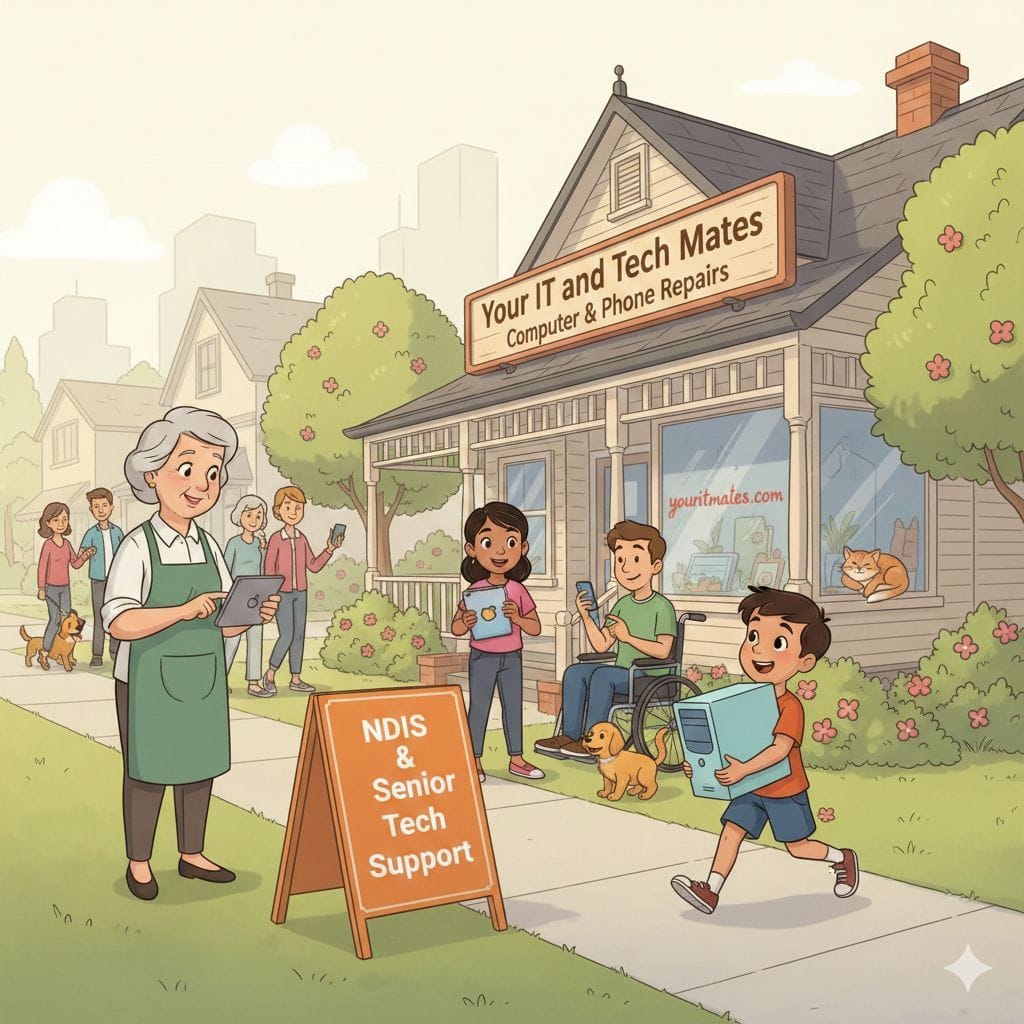 Cartoon-style computer and laptop repair illustration for Thomastown