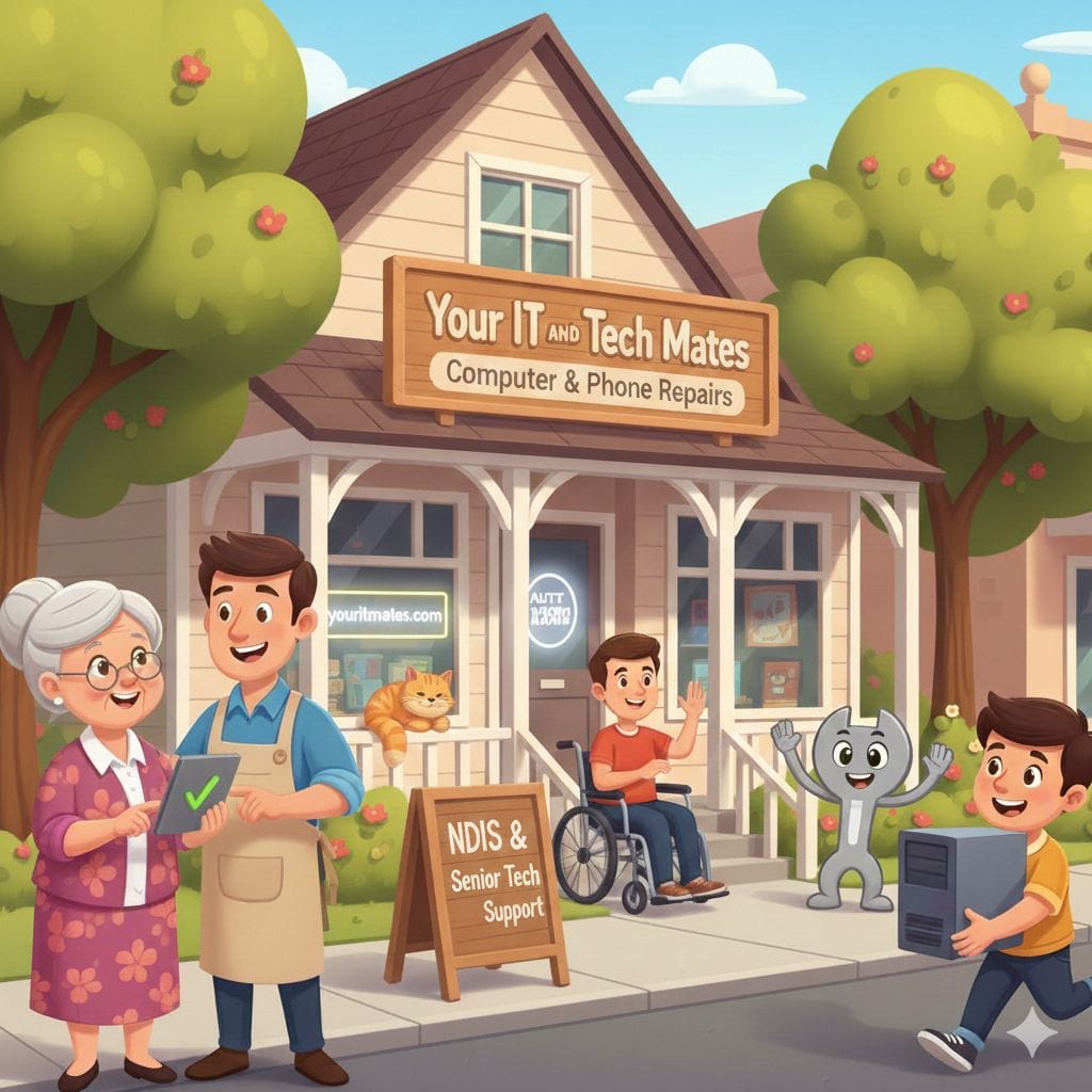 Comic-style laptop repair illustration for Donnybrook