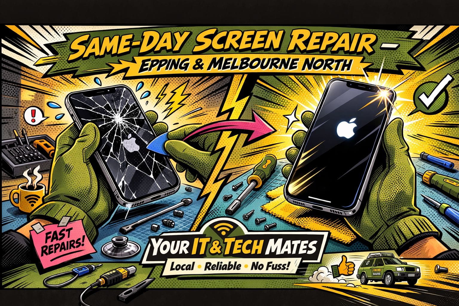 iPhone screen replacement and laptop repair in Epping — same-day phone and computer repairs across Melbourne North by Your IT and Tech Mates