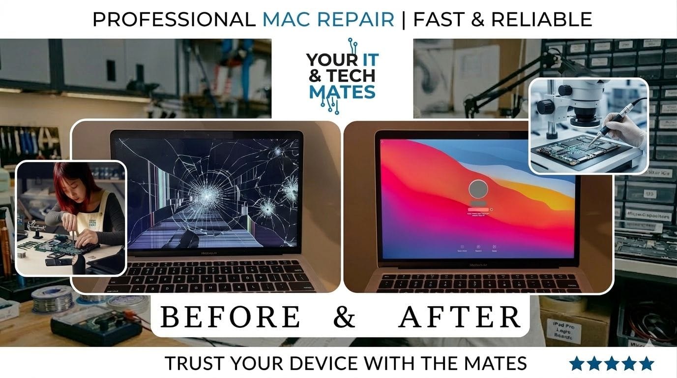 MacBook Pro cracked screen before and after repair — OEM Retina display replaced same day by Your IT and Tech Mates, Epping & Wollert VIC 3076 / 3750