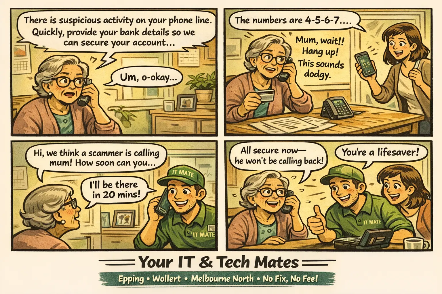 Senior tech support in Wollert after a fake Telstra scam call