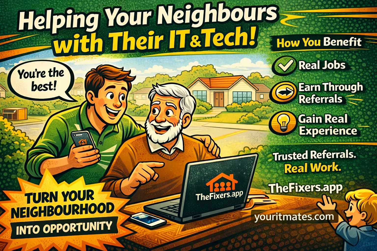 TheFixers referral network real jobs neighbourhood comic for Your IT and Tech Mates referrals