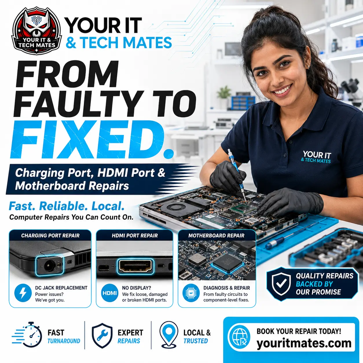 Close-up laptop charging port repair support for Lalor customers