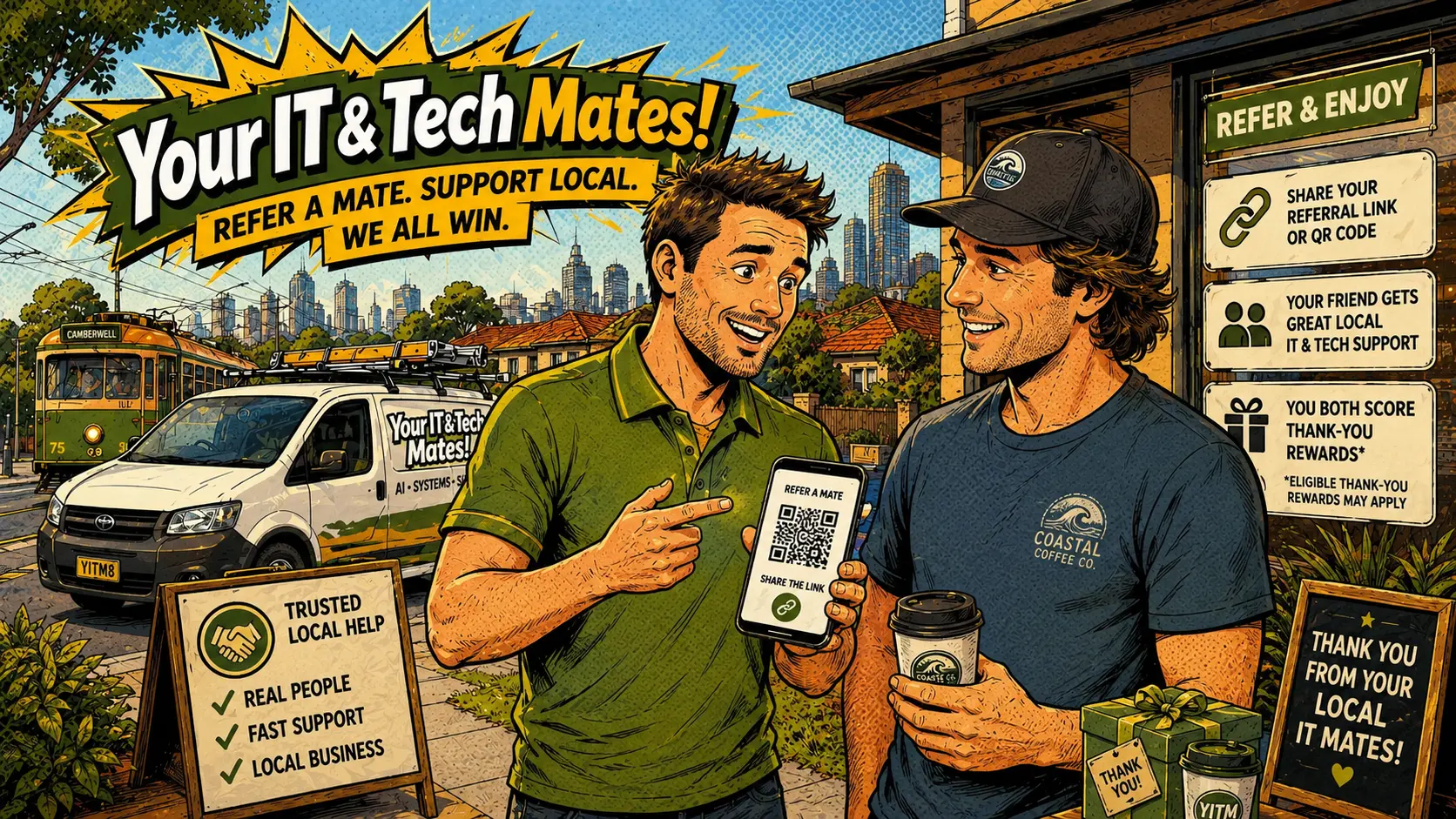 Referral tracking for local tech job referrals — refer a mate to Your IT and Tech Mates and track jobs through quotes, completion and manually approved commission