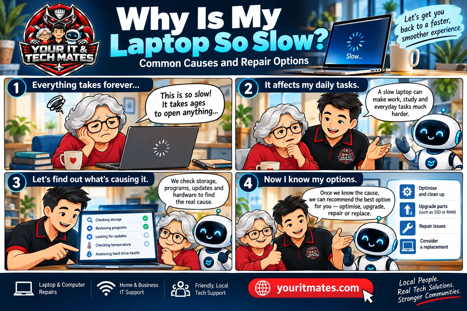 Four-panel Your IT & Tech Mates comic showing an older woman with a slow laptop, a technician investigating performance issues, and options to optimise, upgrade, repair or replace.