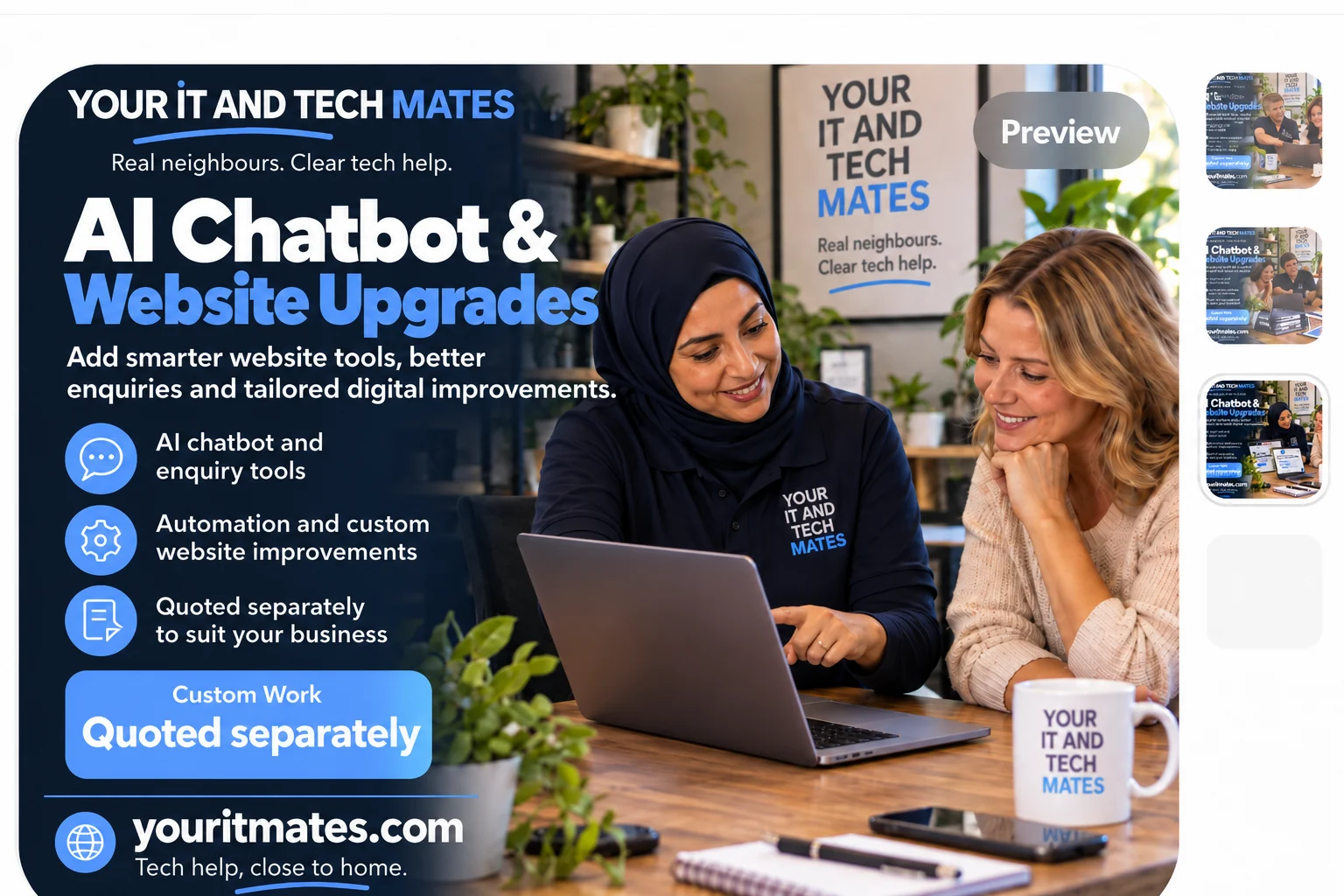 Your IT and Tech Mates female technician helping a small business owner review AI chatbot and website upgrade options