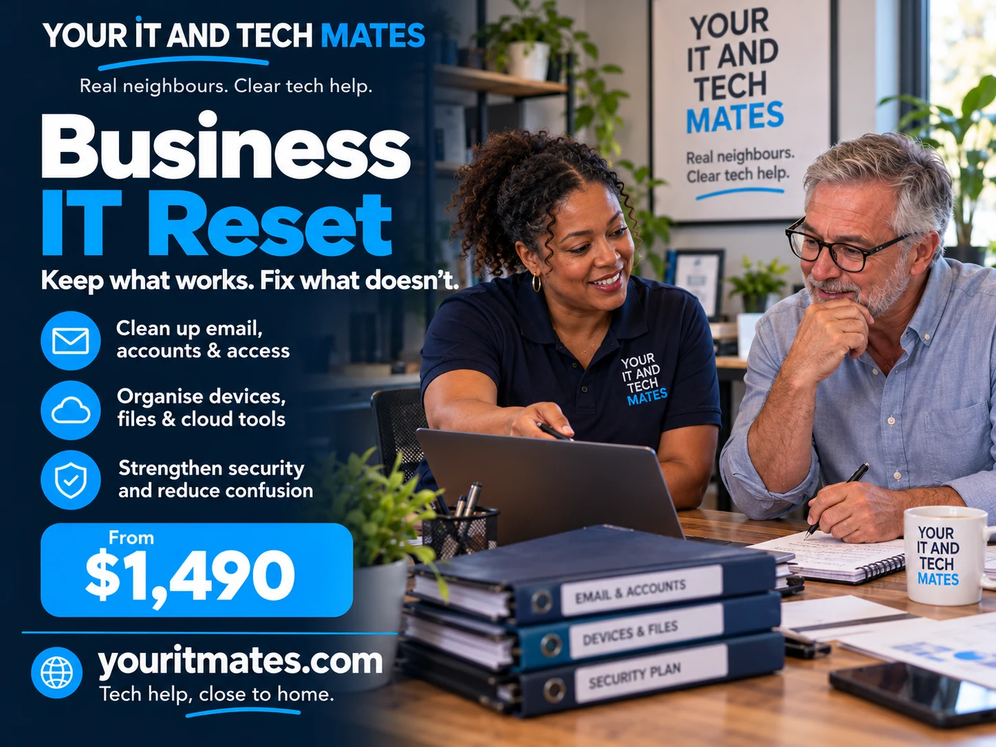 Business IT Reset service helping an established Melbourne small business organise email, devices, files and access