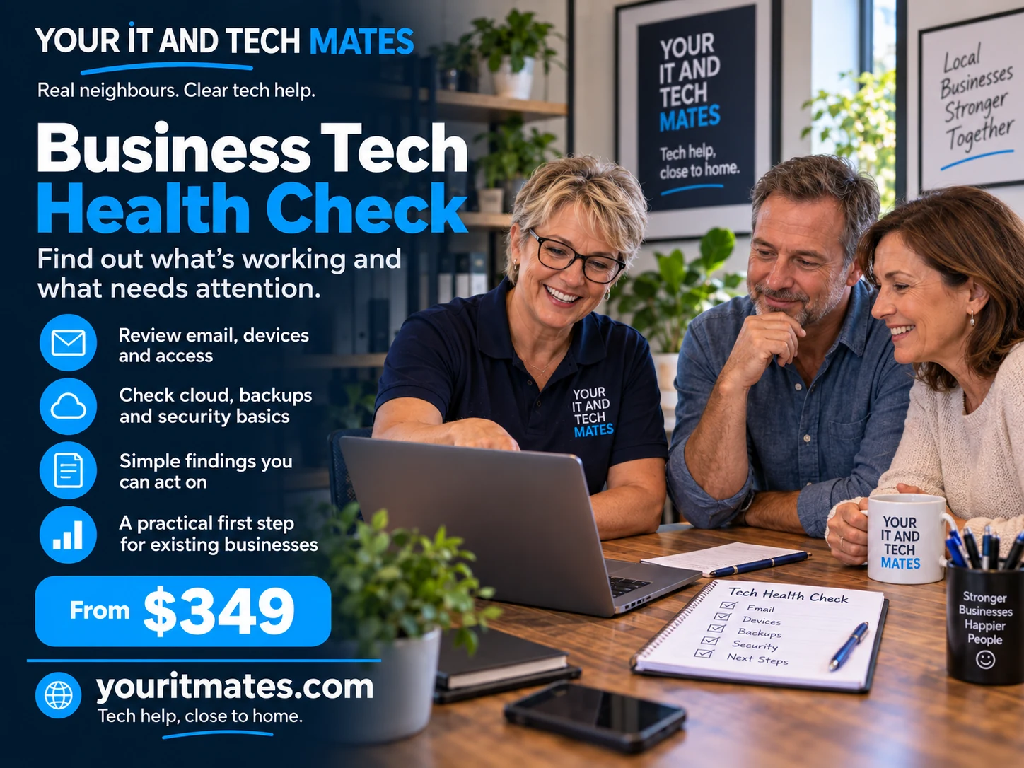 Your IT and Tech Mates Business Tech Health Check for Melbourne small businesses reviewing email, devices, access, cloud, backups and security basics for $349
