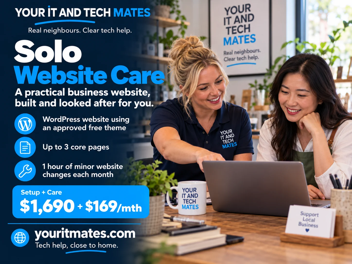 Solo Website Care from Your IT and Tech Mates with a technician helping a small-business owner review a WordPress website