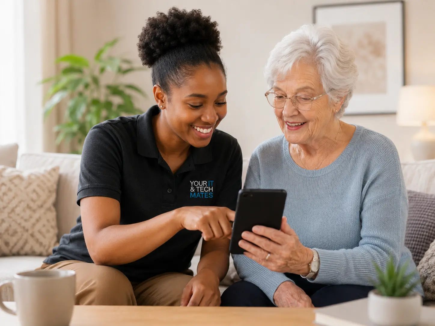 Patient digital support for a senior couple with email, passwords and accounts