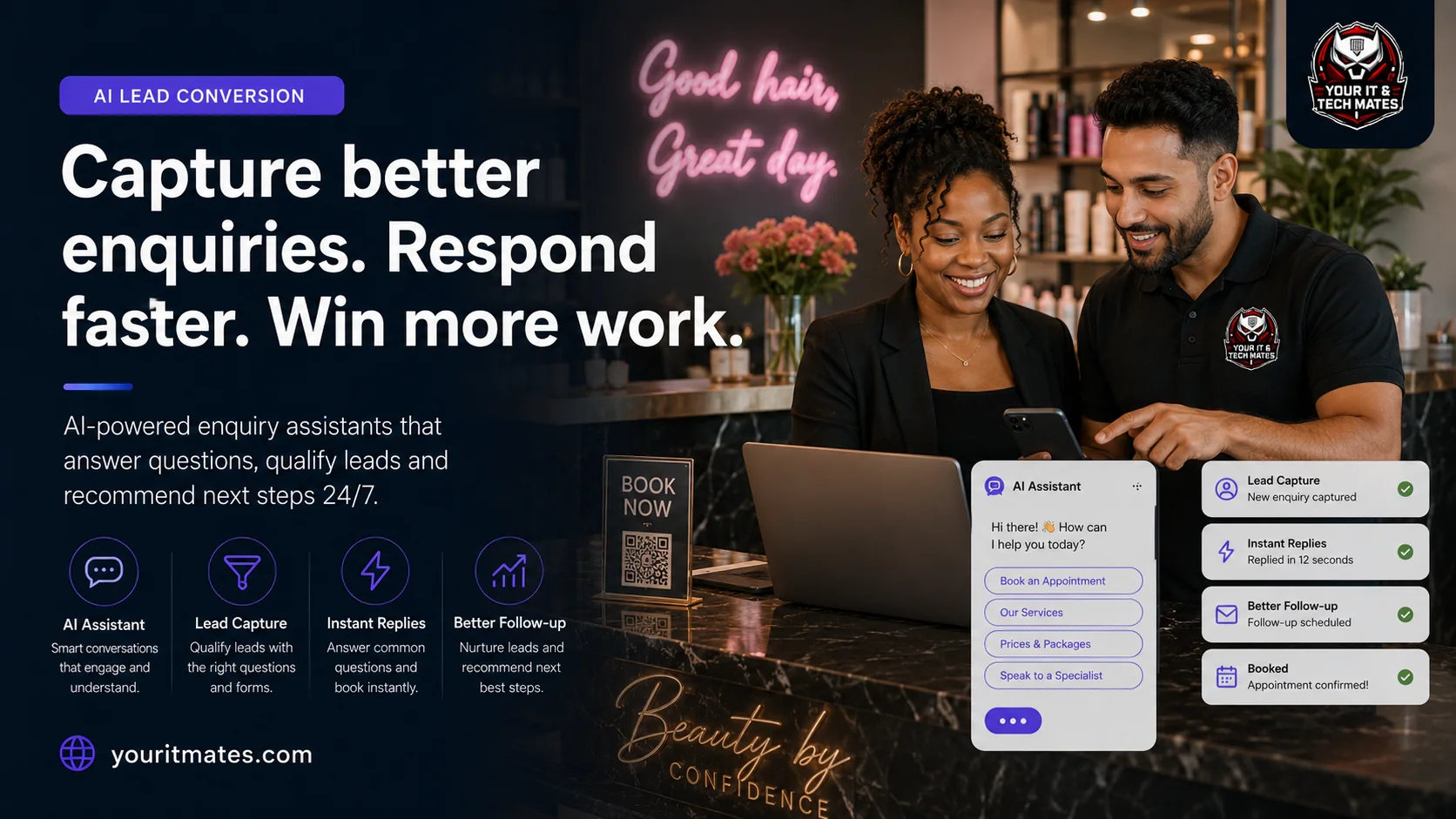Your IT & Tech Mates technician helping a beauty salon owner use an AI customer enquiry assistant for appointments and follow-up.