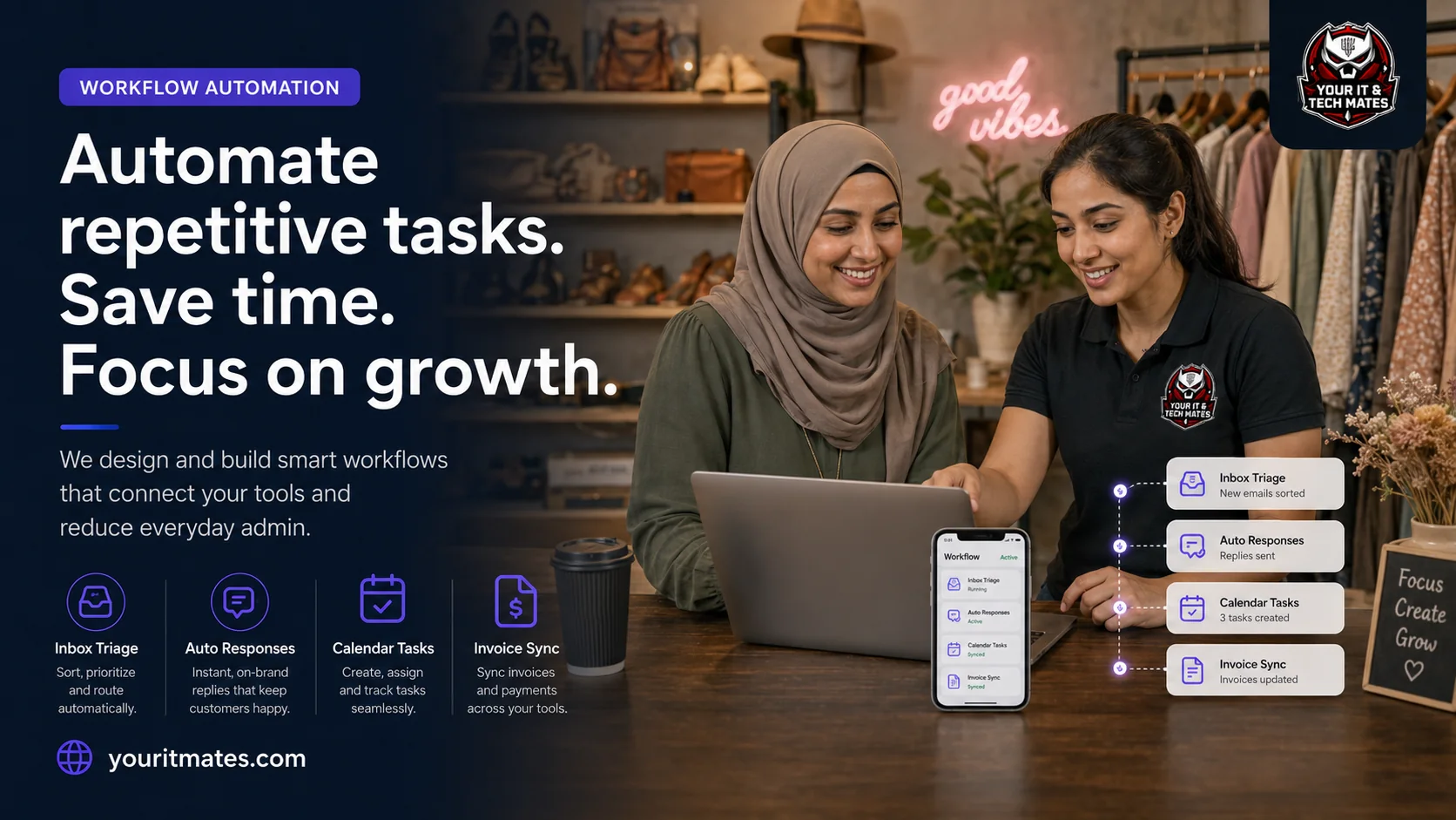 Muslim business owner and Your IT & Tech Mates technician reviewing automated email, calendar, invoice and customer workflows.