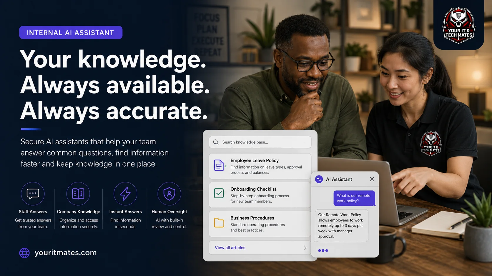 Your IT & Tech Mates technician demonstrating a secure internal AI knowledge assistant to a small-business manager.