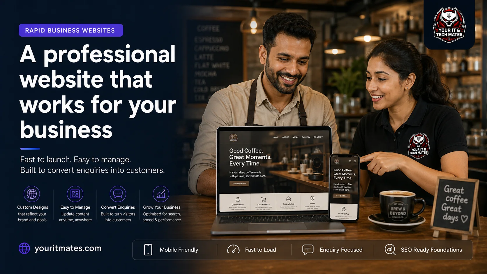 Your IT & Tech Mates technician presenting a fast, mobile-friendly business website to a local cafe owner in Melbourne.