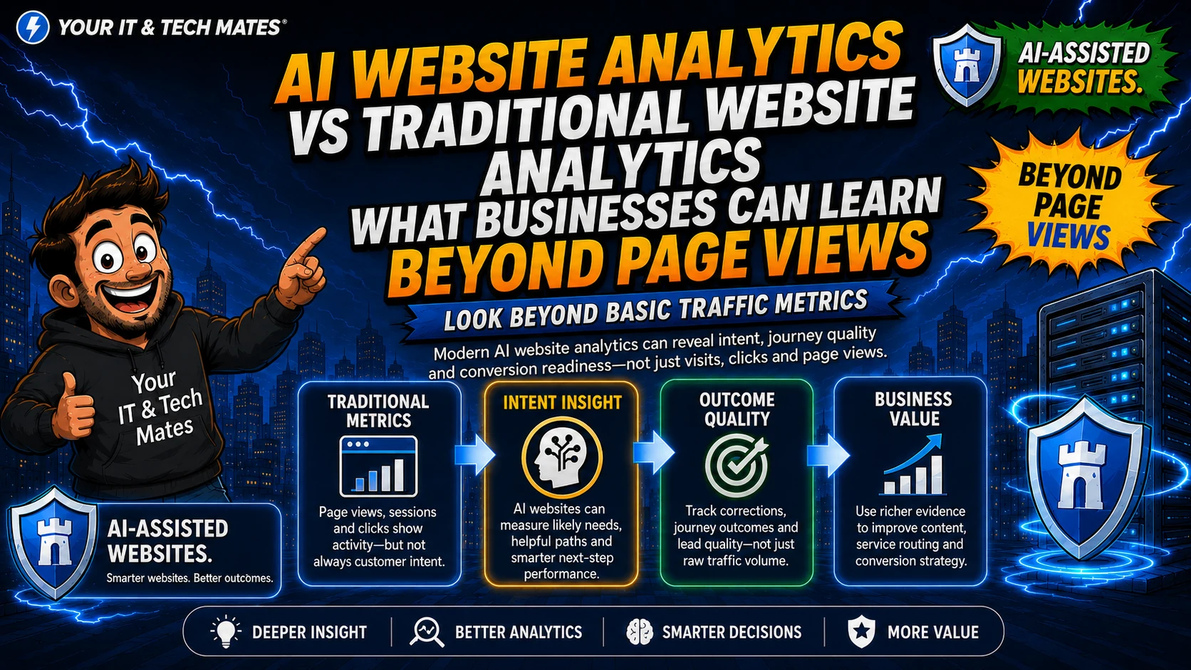 AI website analytics compared with traditional website analytics using intent insight, outcome quality and business value beyond page views