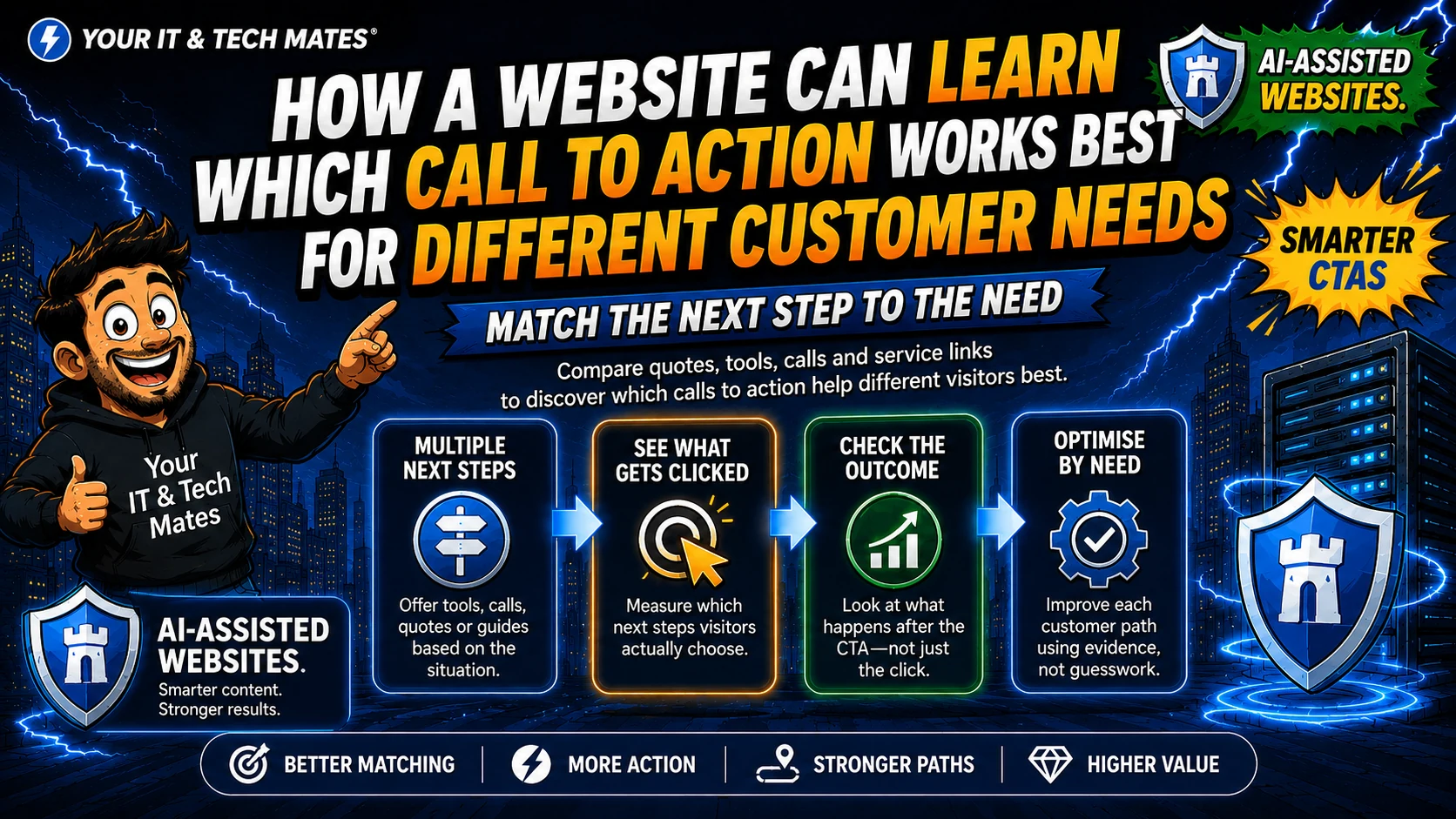 AI-assisted website comparing multiple calls to action, click choices, later outcomes and optimisation by customer need