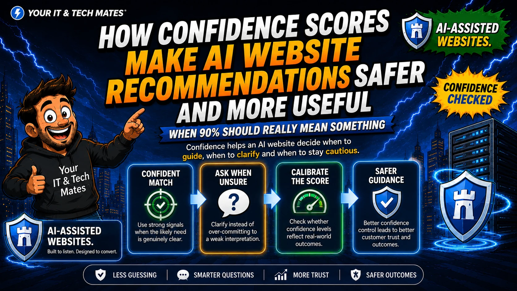 AI website confidence calibration showing confident match, clarification, score calibration and safer guidance