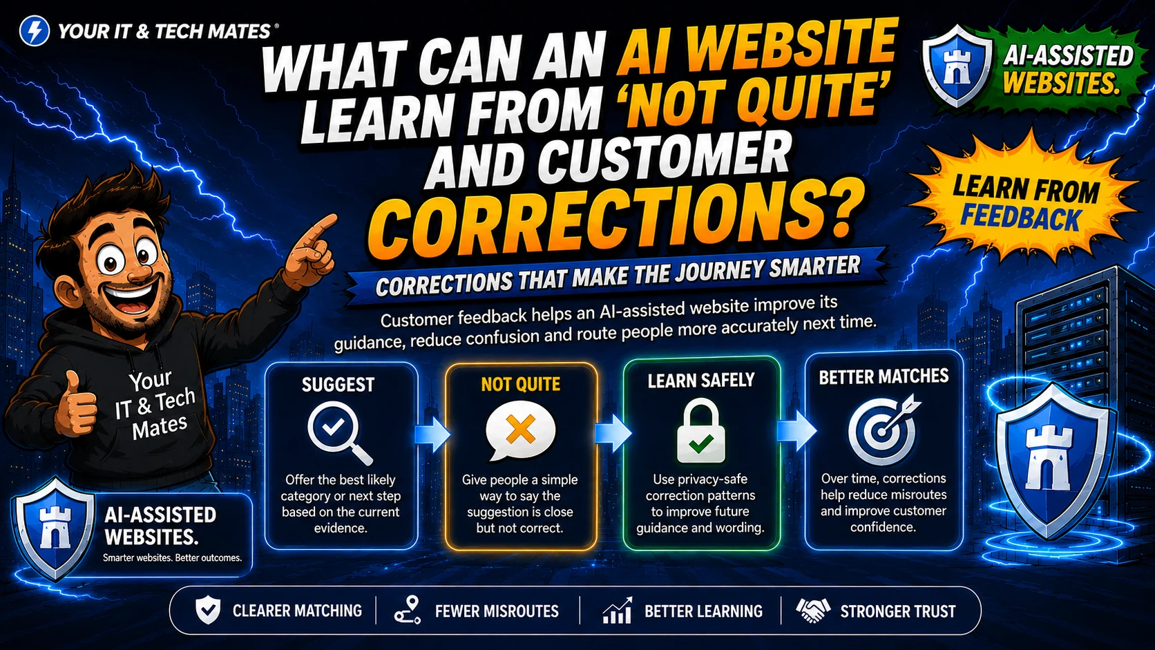 AI-assisted website learning safely from Not quite customer corrections to improve matching and reduce misroutes