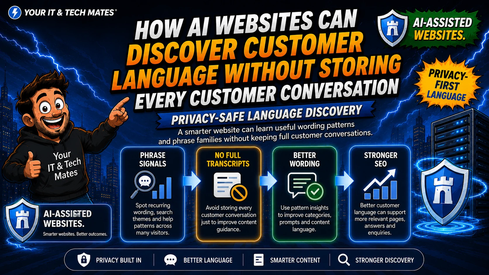 AI-assisted website discovering customer language from phrase signals without full transcripts to improve wording, SEO and discovery