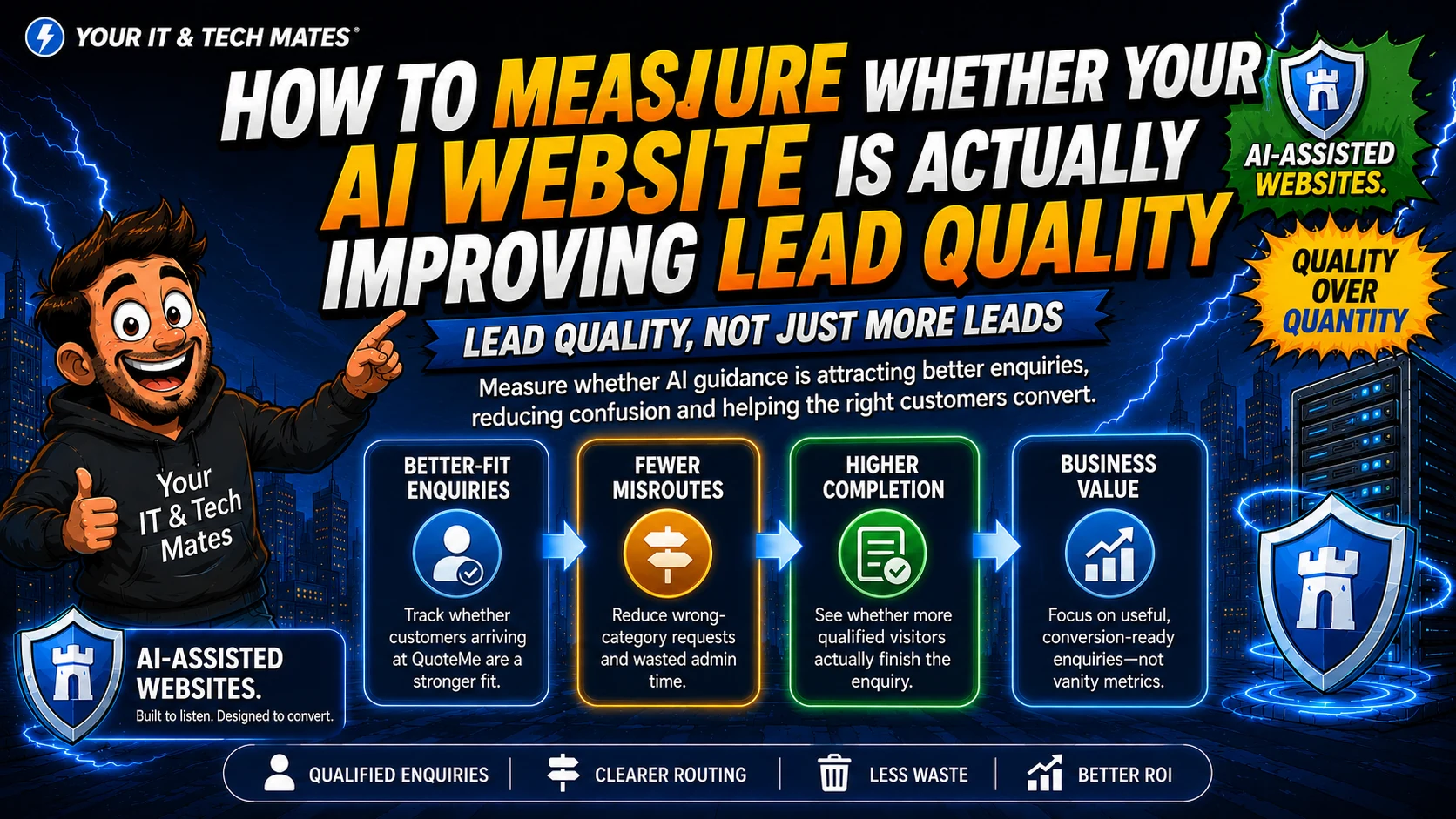 AI website lead-quality measurement showing better-fit enquiries, fewer misroutes, higher completion and business value