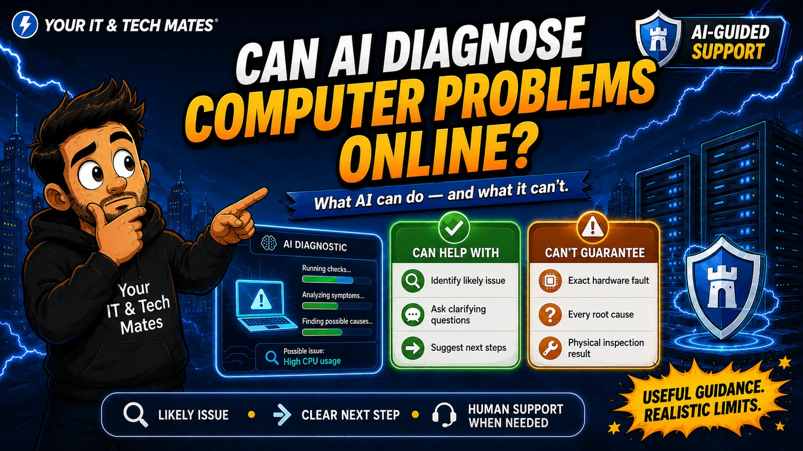 Your IT & Tech Mates hero showing what AI computer diagnostics can help with and what it cannot guarantee online.