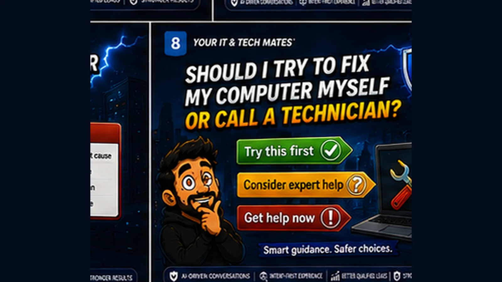 Your IT & Tech Mates hero showing a decision between trying a safe computer fix first, considering expert help and calling a technician for higher-risk problems.