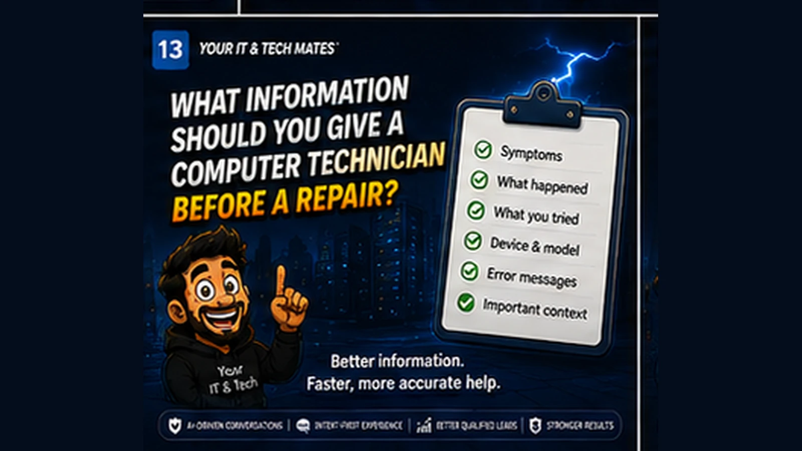 Your IT & Tech Mates hero showing a technician checklist with symptoms, what happened, attempted fixes, device details and important context before a repair.