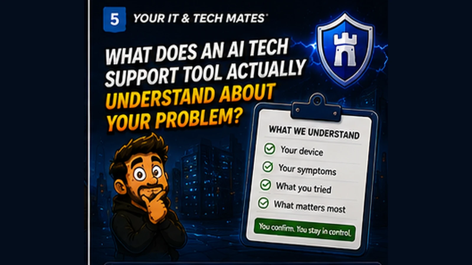 Your IT & Tech Mates hero showing a What We Understand card with device, symptoms, attempted fixes and customer confirmation.