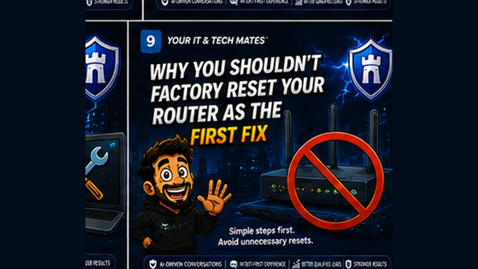 Your IT & Tech Mates hero warning against factory resetting a router as the first troubleshooting step and recommending simpler checks first.