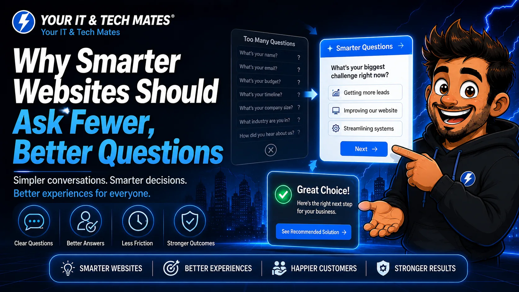 Your IT and Tech Mates illustration showing a website replacing many generic form questions with one clearer, more useful next question.