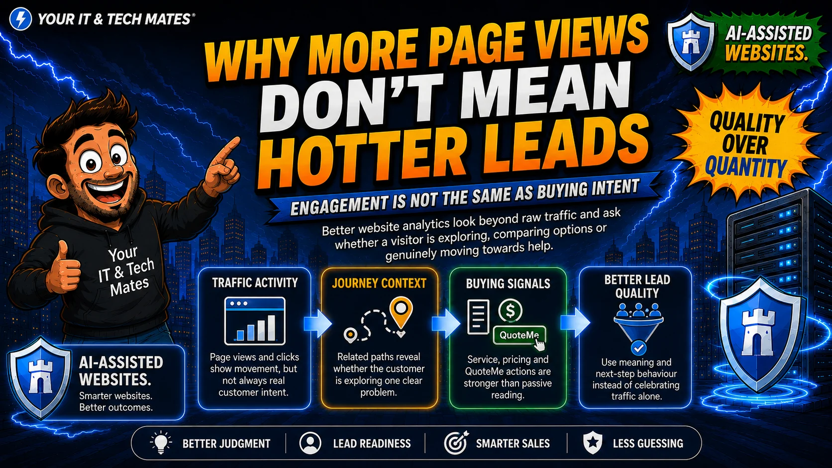 Your IT & Tech Mates comic infographic comparing traffic activity, journey context, buying signals and better lead quality.
