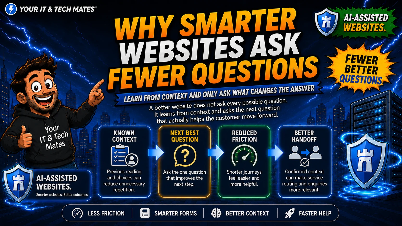 Your IT & Tech Mates comic infographic showing known context, the next best question, reduced friction and a better handoff.