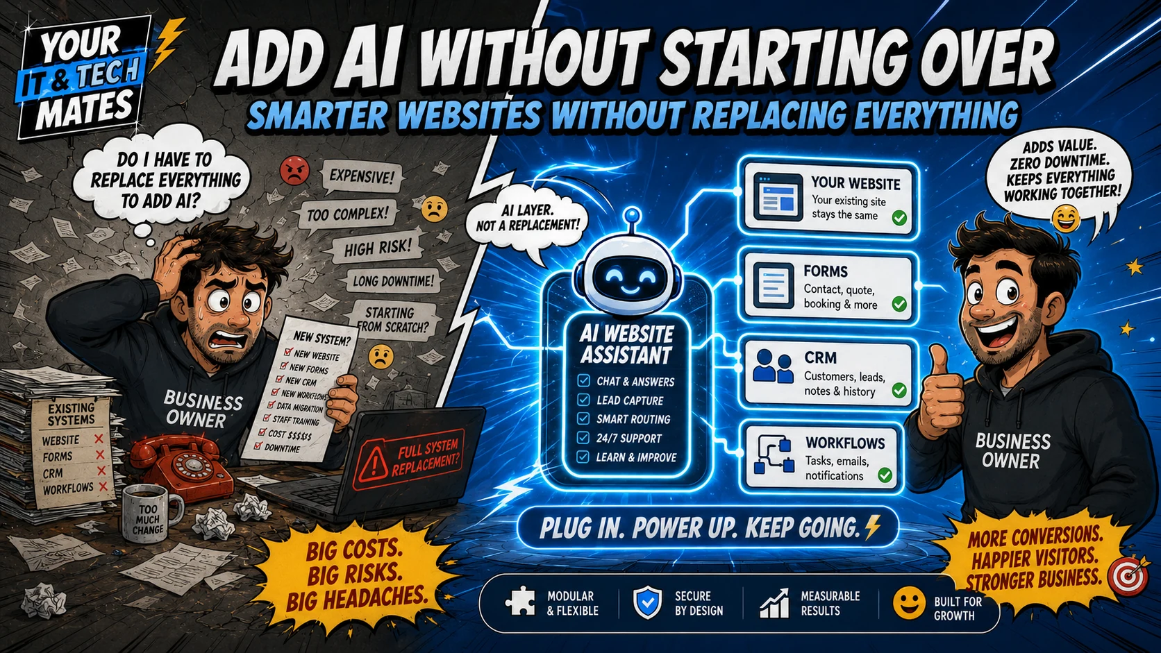 Comic-style hero image showing a worried business owner thinking everything must be replaced, contrasted with an AI website assistant that plugs into an existing website, forms, CRM and workflows.