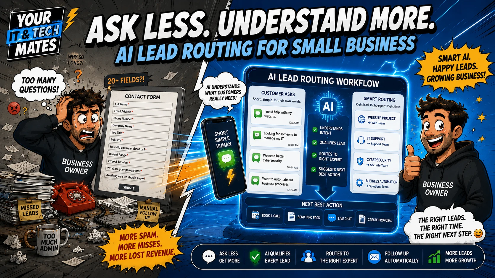 Comic-style hero image showing a frustrated business owner facing long forms and too many questions, contrasted with an AI lead-routing workflow that understands customer intent and routes enquiries to the right expert.