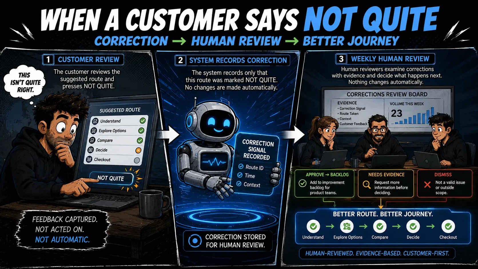 Comic-tech three-stage illustration showing a customer correction, a friendly robot recording the signal and people reviewing evidence before approving an improvement.