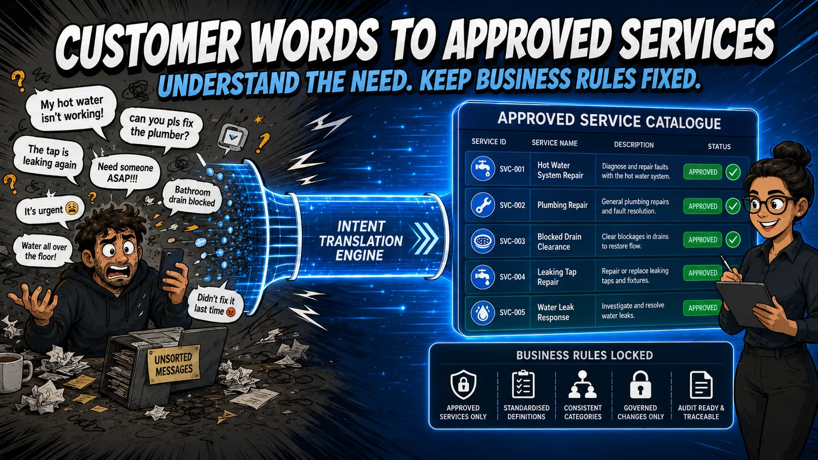 Comic-tech illustration showing messy customer phrases passing through an intent translation layer into a locked, human-reviewed service catalogue.