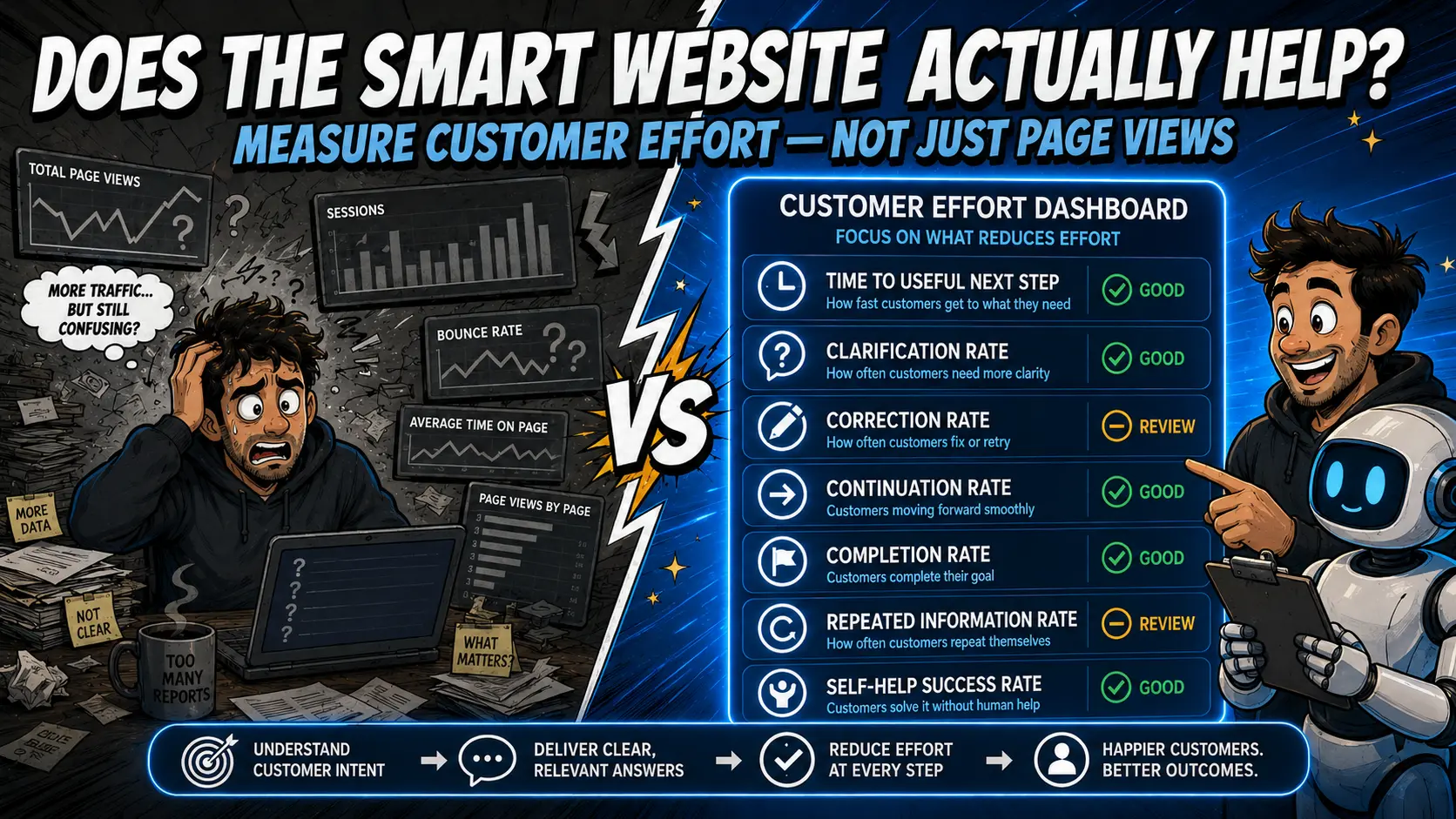 Comic-tech comparison between confusing page-view dashboards and a clear customer-effort dashboard reviewed by a business owner and friendly robot guide.