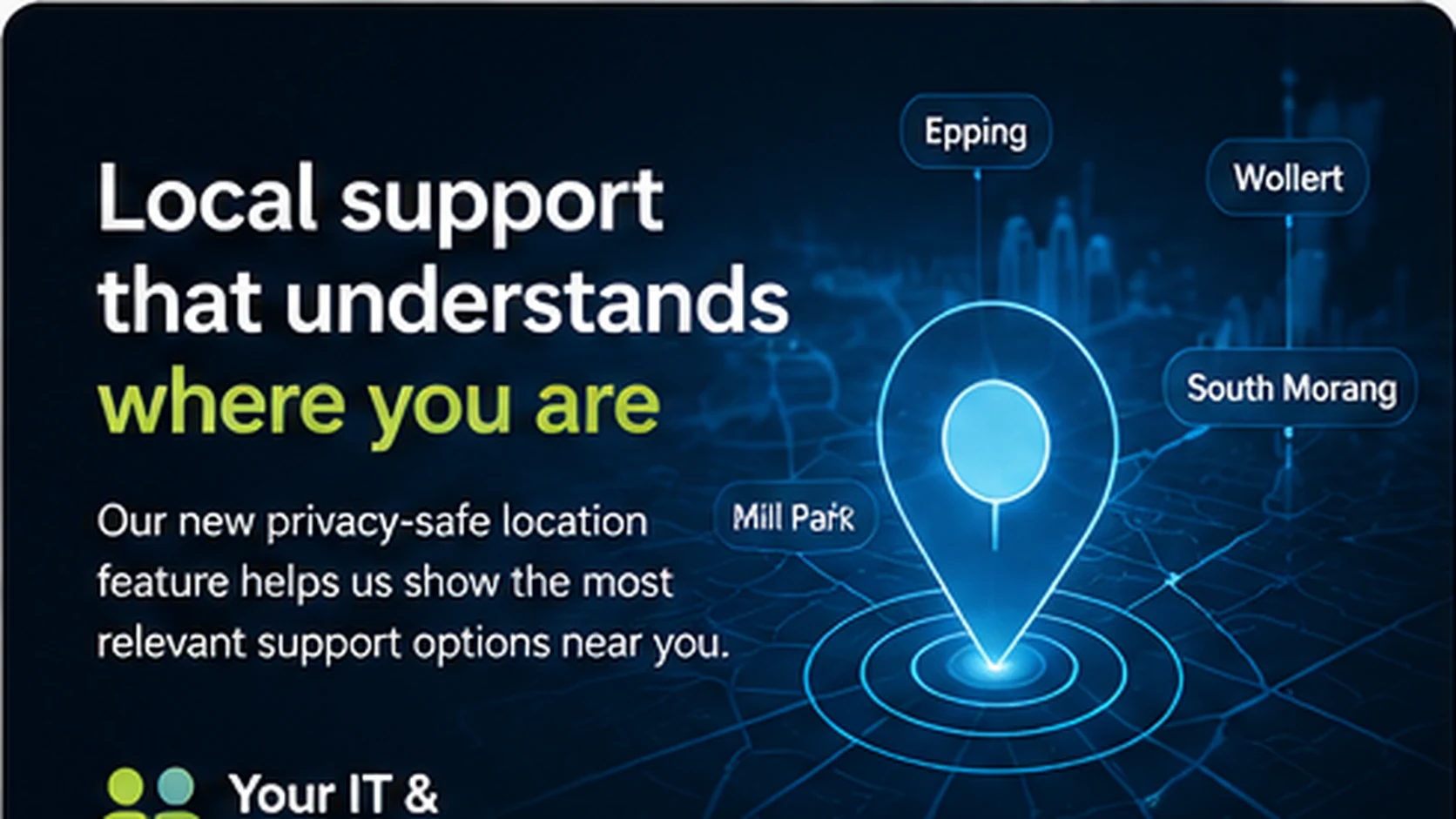 Comic-tech hero showing privacy-safe local support around Epping, Wollert, South Morang and Mill Park using a service-area location marker without Google Maps.