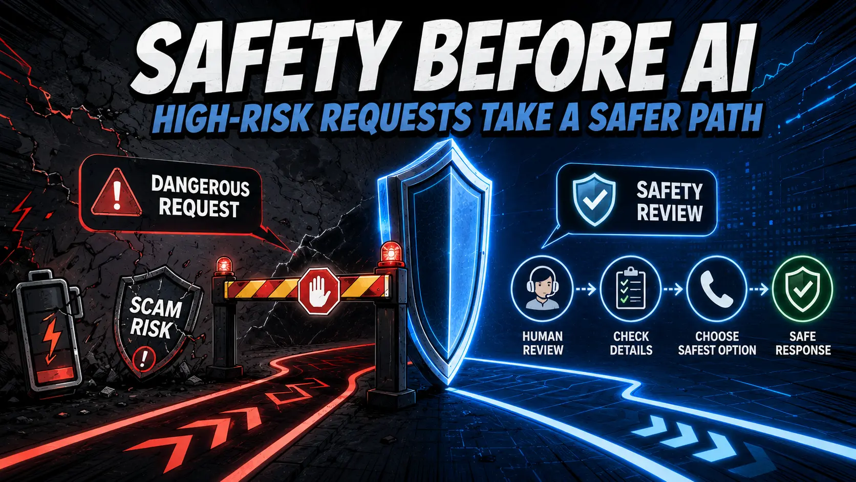 Comic-tech illustration showing a dangerous request stopped by a shield and redirected to a reviewed human-controlled safety pathway.