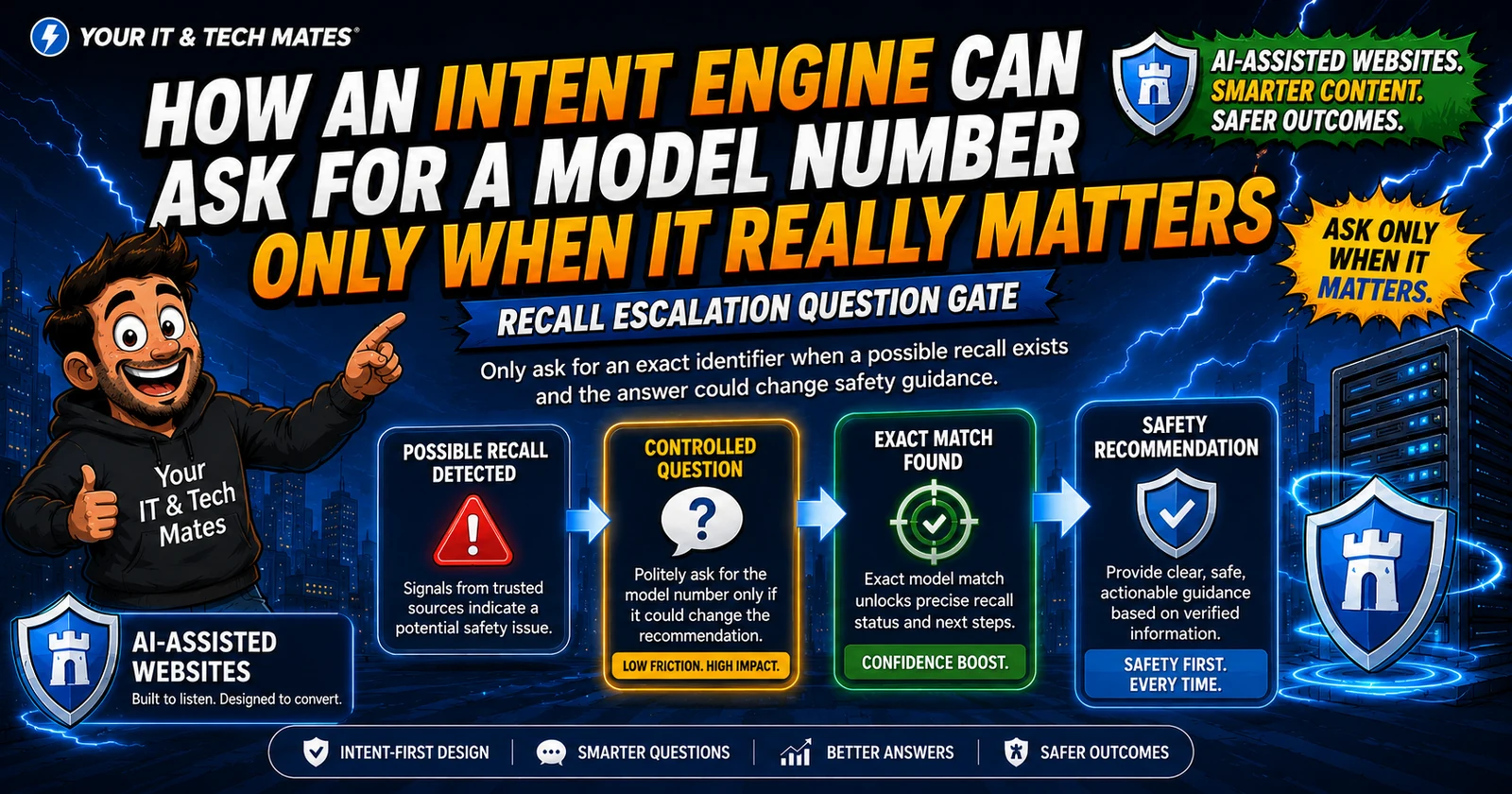 Your IT & Tech Mates comic-tech hero showing a possible recall leading to one controlled model-number question, exact match confirmation and safer guidance.