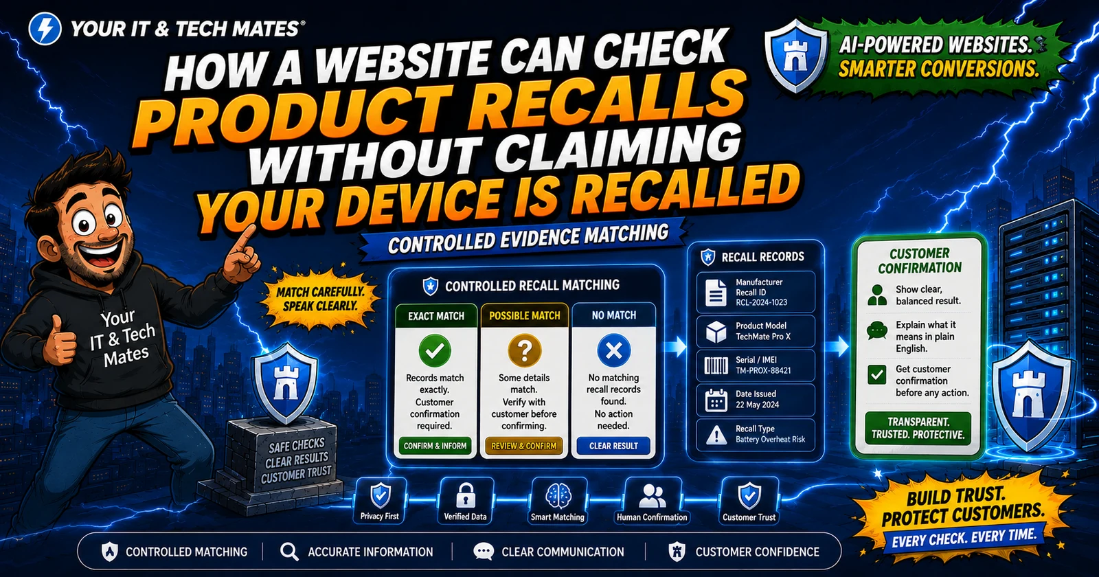 Your IT & Tech Mates comic-tech hero explaining exact, possible and no controlled product recall matches with customer confirmation.