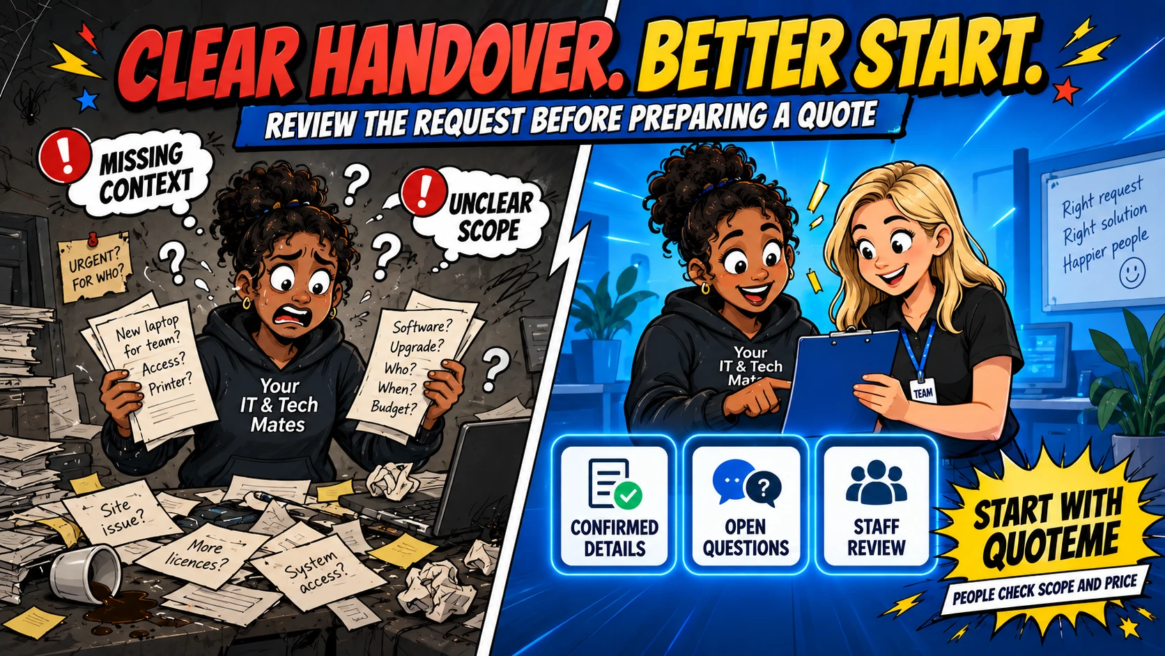 Your IT & Tech Mates comic shows staff reviewing confirmed details and open questions before quoting: Clear handover. Better start.