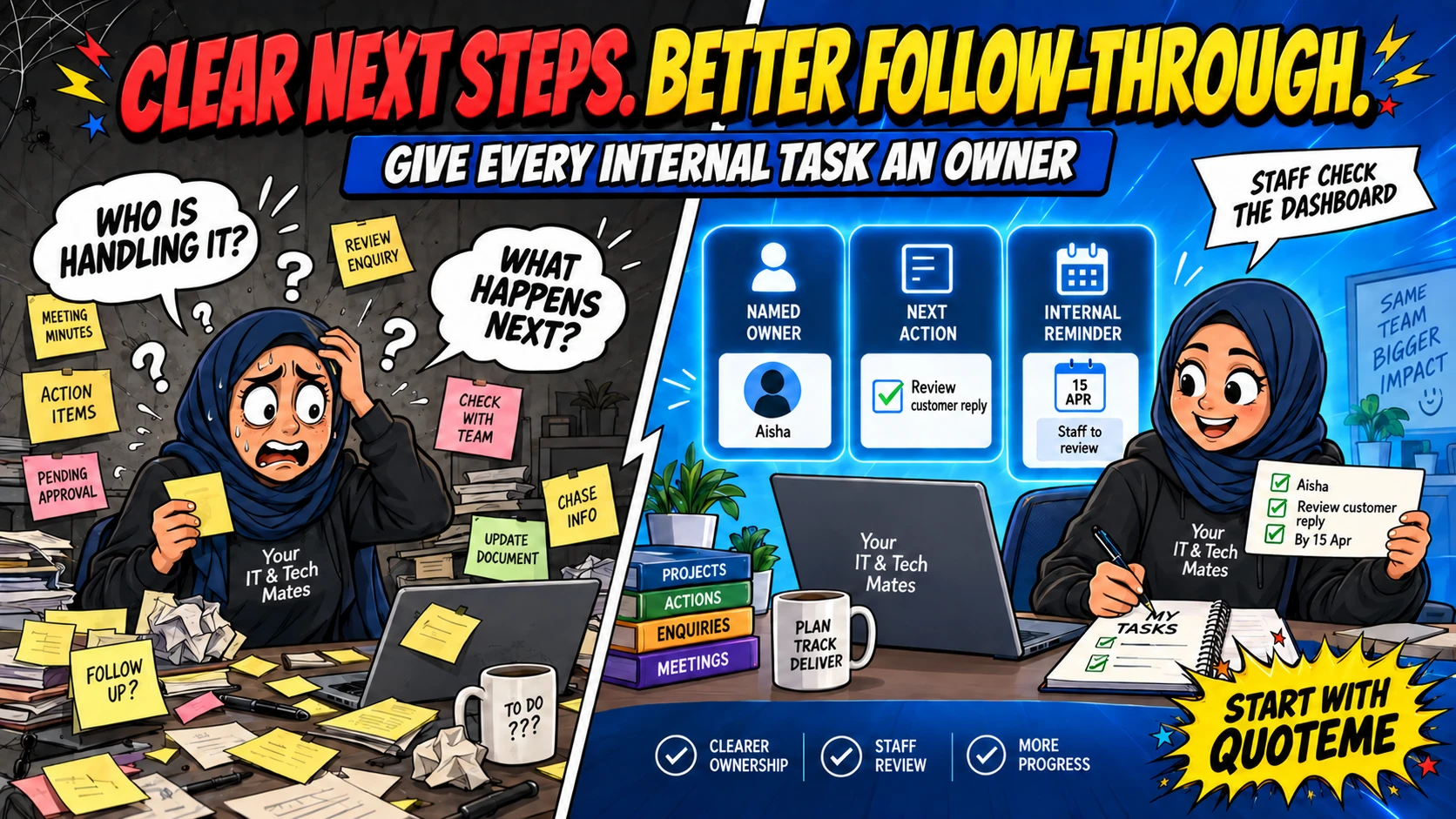 Your IT & Tech Mates comic contrasts unclear follow-ups with a named owner, next action and internal reminder checked by staff.
