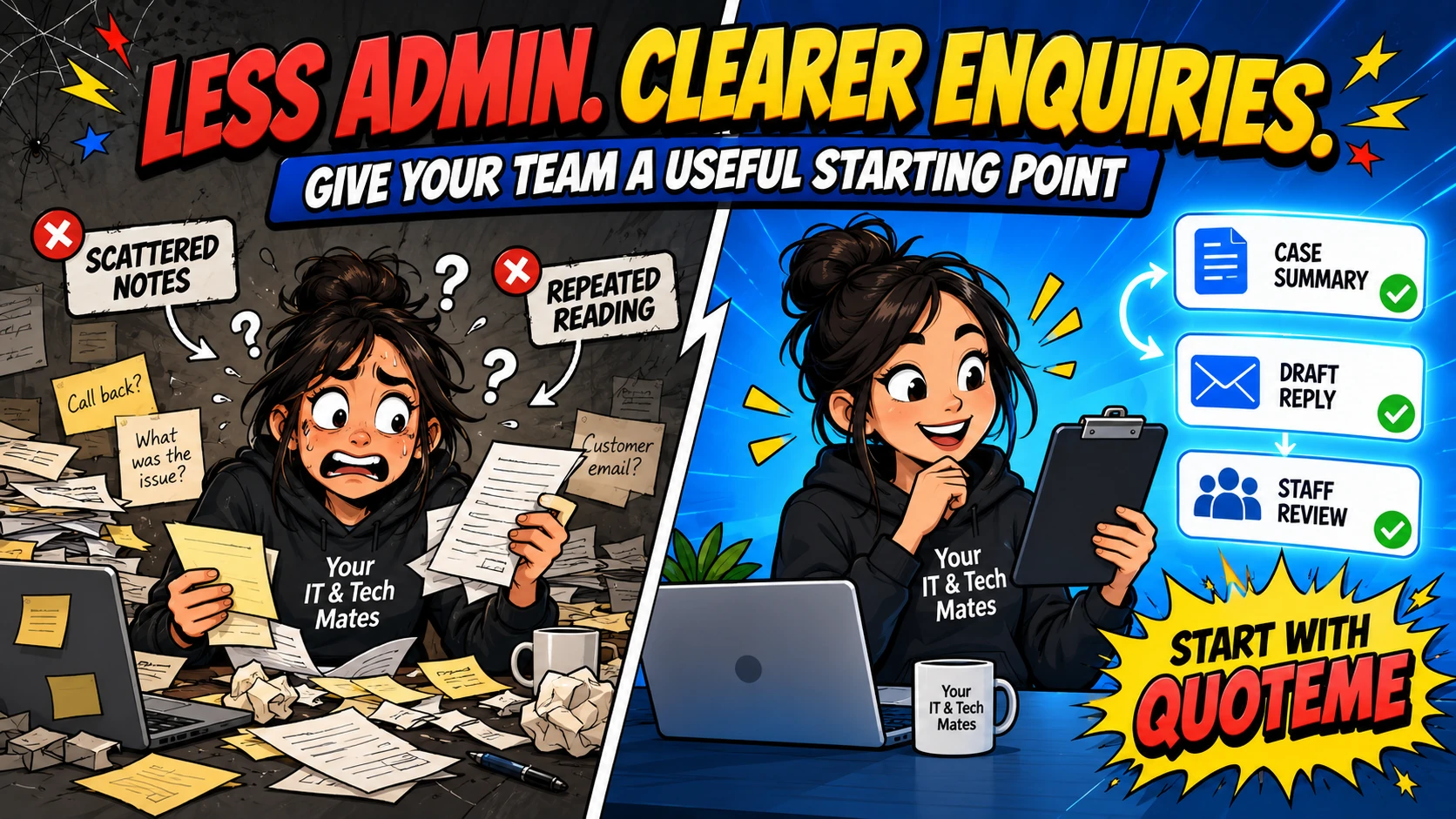 Your IT & Tech Mates comic contrasts scattered enquiry notes with case summaries, draft replies and staff review: Less admin. Clearer enquiries.