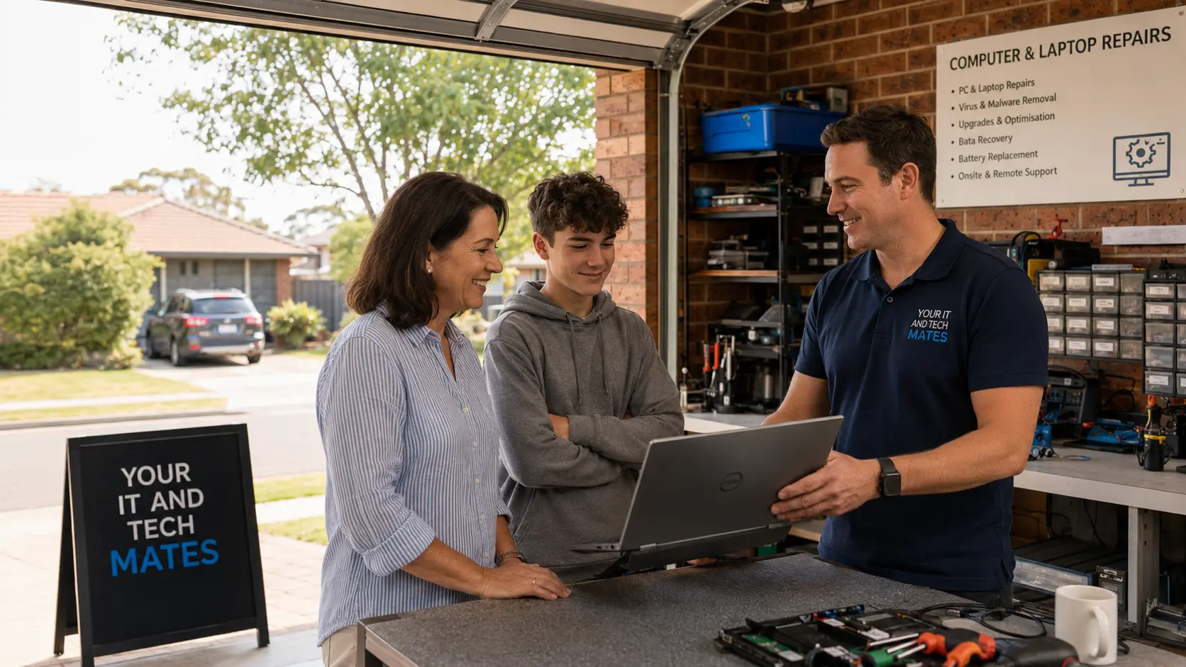 Your IT & Tech Mates technician helping local customers with laptop support in a garage workshop in Melbourne's north.
