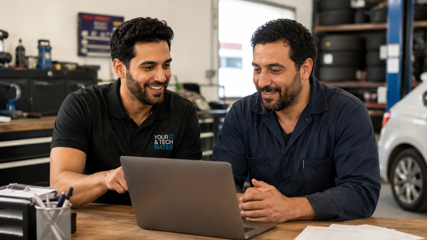Your IT & Tech Mates technician demonstrating an AI administration assistant to a mechanic in an automotive workshop.