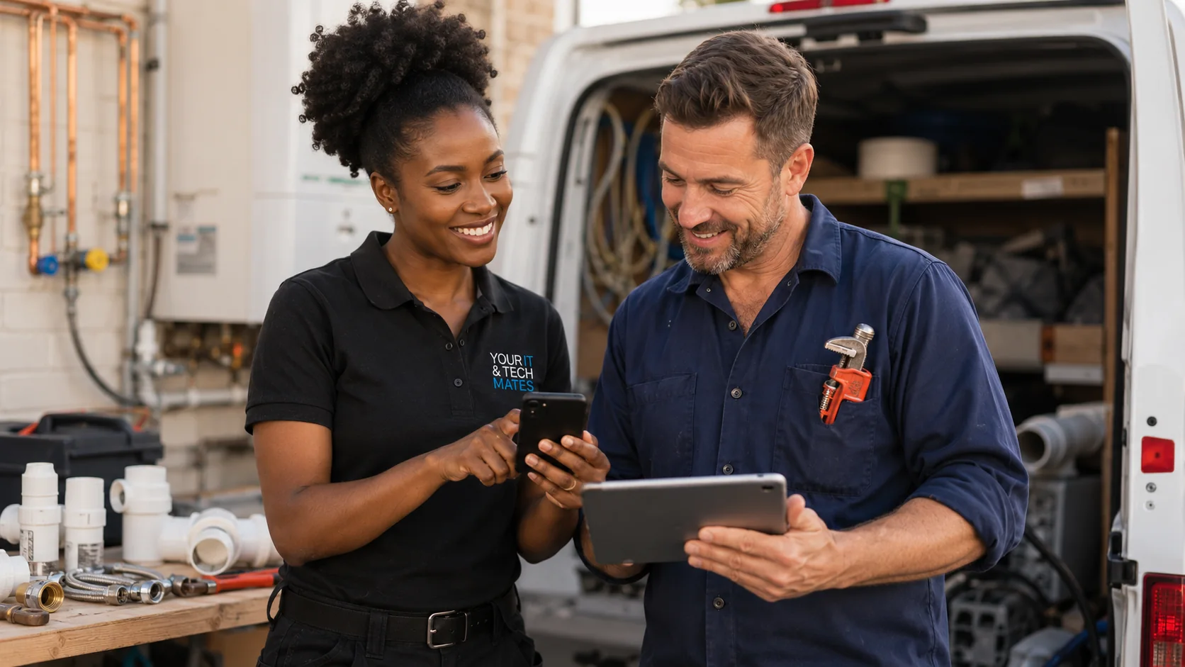Your IT & Tech Mates technician helping a plumber use a smart quote enquiry system with customer job details and photos.