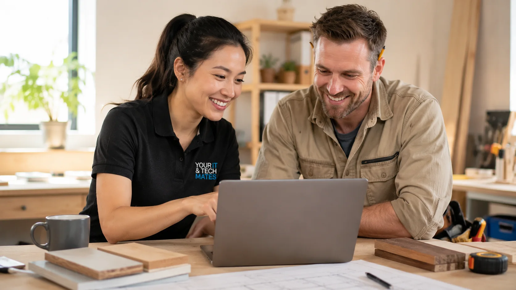 Your IT & Tech Mates technician reviewing a rapid business website with a carpenter in a Melbourne workshop.