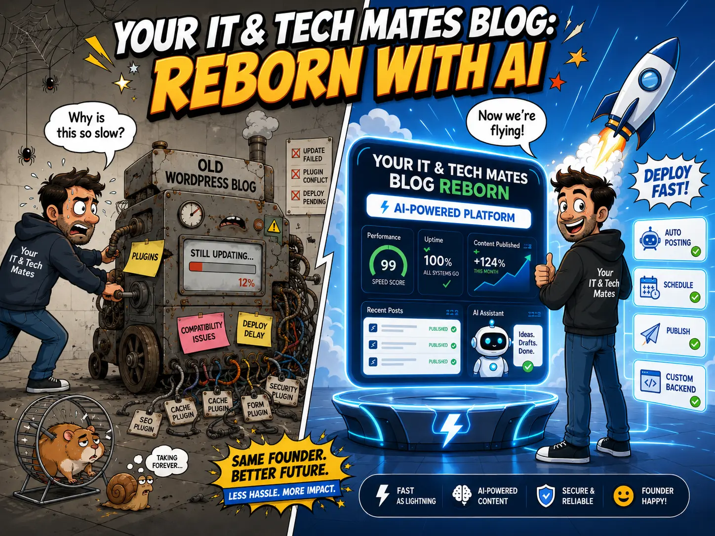 Your IT and Tech Mates comic illustrating the move from a WordPress publishing workflow to a custom AI-assisted blog backend for research, images, SEO, GEO, review and publishing.