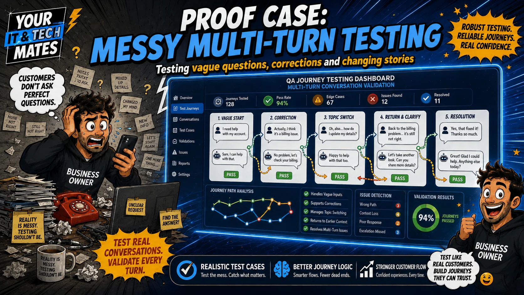 Your IT and Tech Mates proof case showing multi-turn customer journey testing for vague questions, corrections, topic switches and returns to earlier issues.